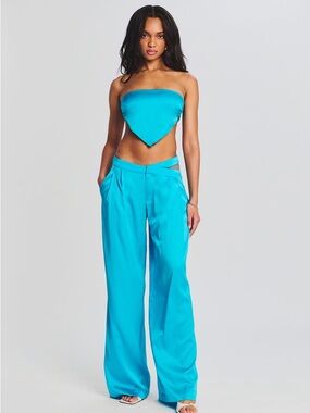 SER.O.YA Zarri Silk Wide-Leg Pants Turquoise Cutout High-Rise NWT Size S
